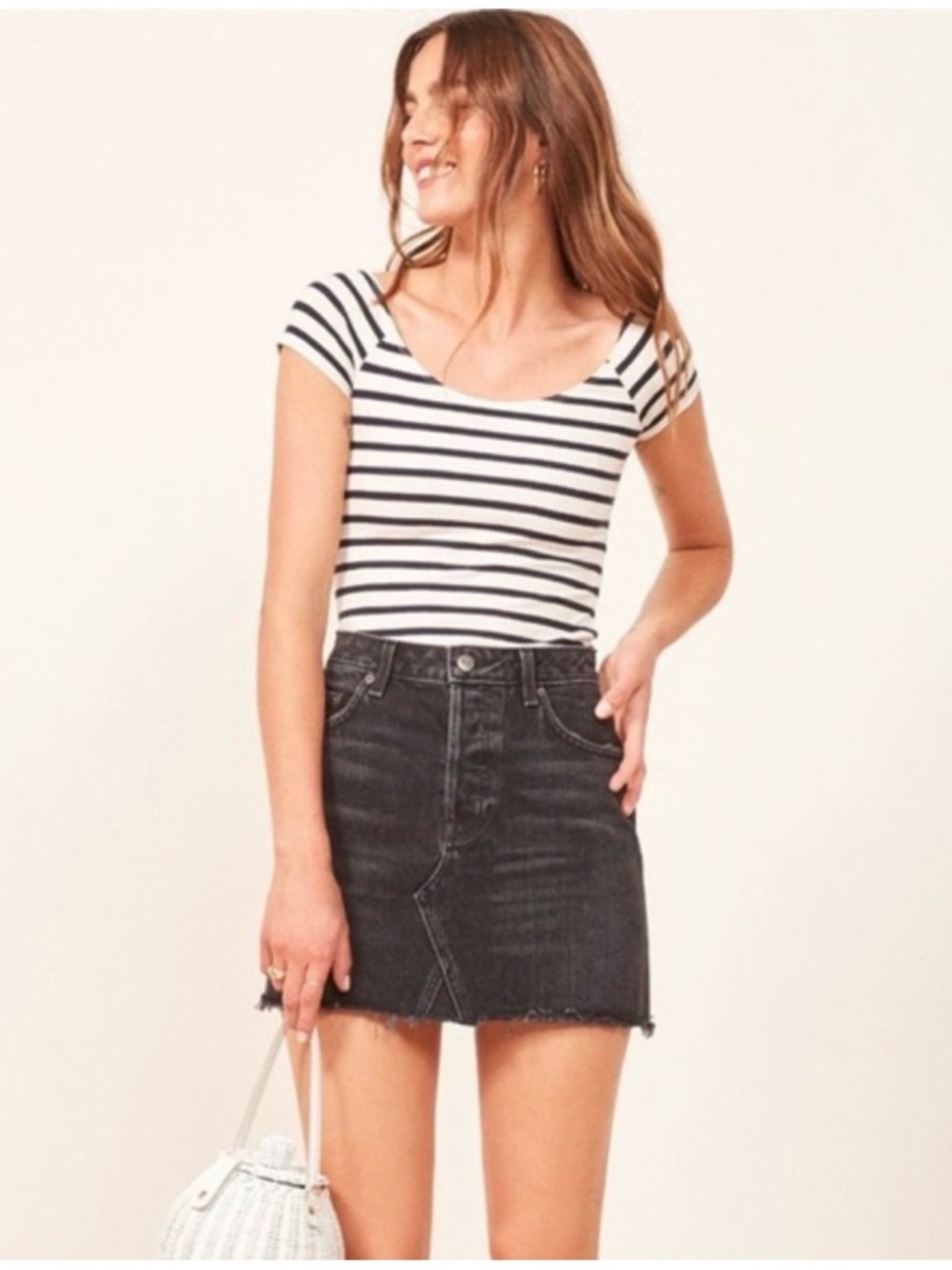 Reformation Denim Retooled Mini Skirt Pacific Washed Black 27 Raw Hem Distressed - Picture 5 of 16